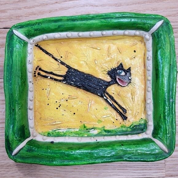 Vintage Signed Jumping Smiling Black Cat Wall Art Leaping Cat Kitten 1999 - Picture 7 of 16